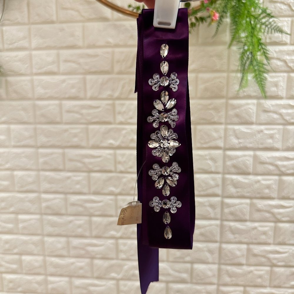 Eggplant Purple Satin Flower Girl Belt with Beaded Details